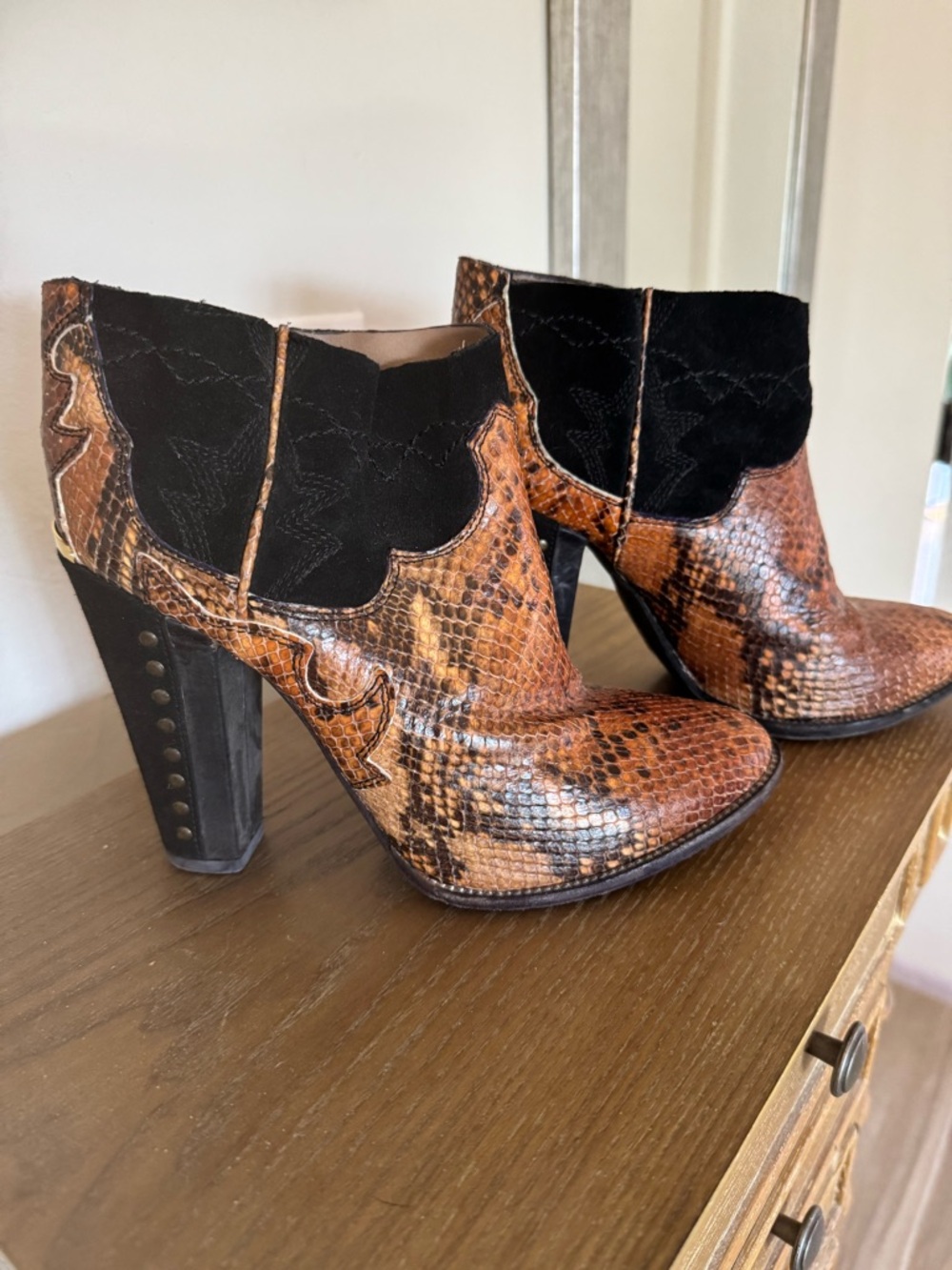 Just Cavalli Brown Snake-Print High Heel Ankle Boots with Black Suede Accent